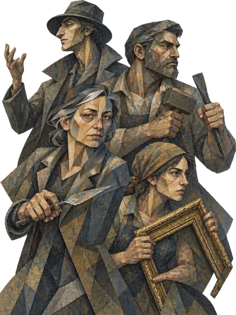 Party: Margo Vale dengan pisau palet, Silas Fenn dengan pahat dan palu, Junie Rook dengan sudut bingkai, Ambrose Lark mengangkat tangan